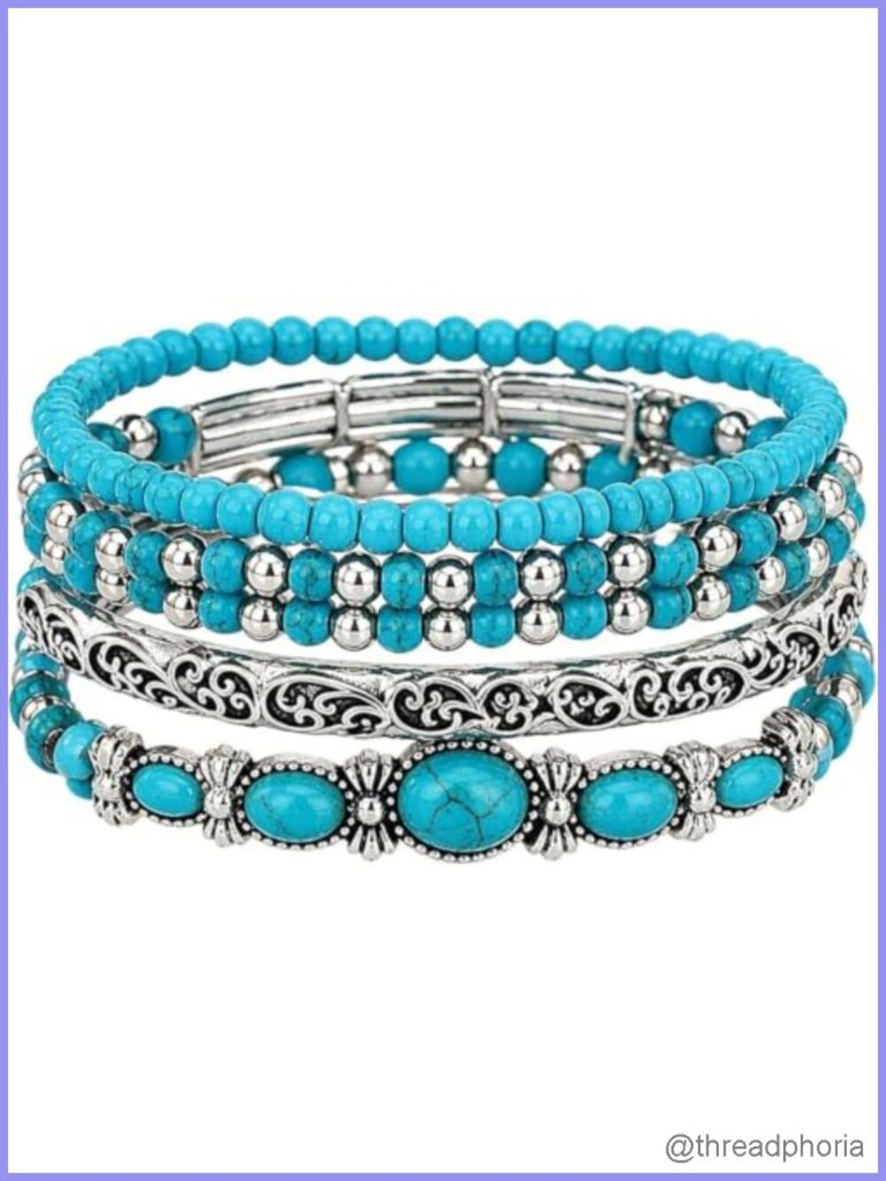 5 Pcs Stackable Turquoise Bead Bracelets Set, Boho Western Stretch Bangle